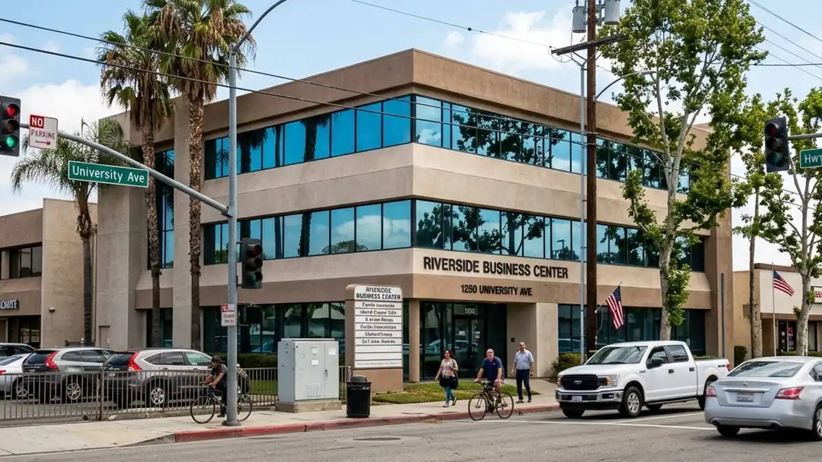 Commercial office building with reflective window tint