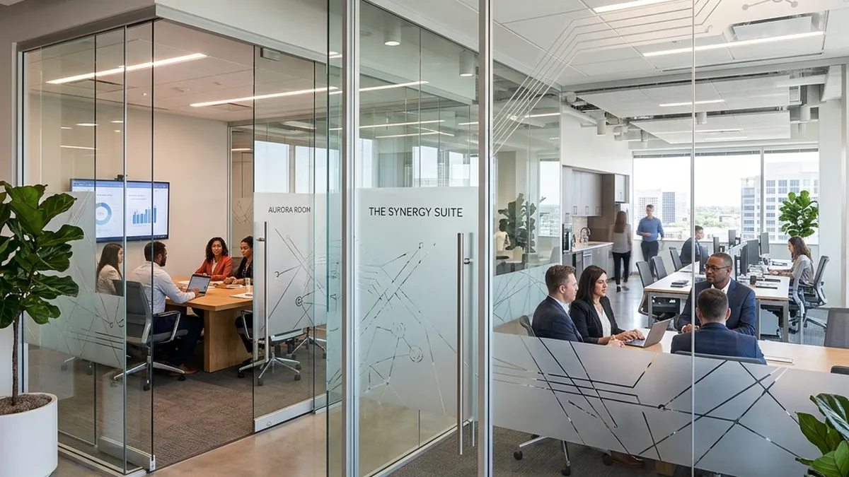Frosted privacy window graphics in office