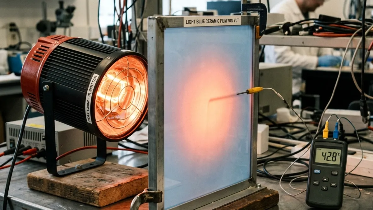 Infrared heat lamp testing a light ceramic window tint