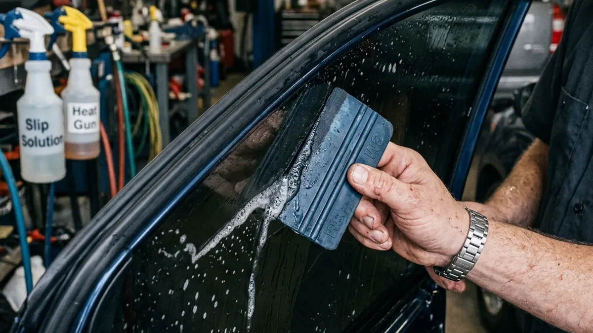 Squeegeeing window tint film