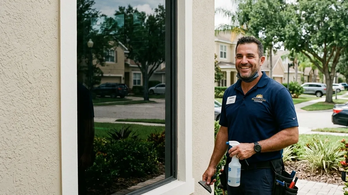 Professional window tint installer working on a house