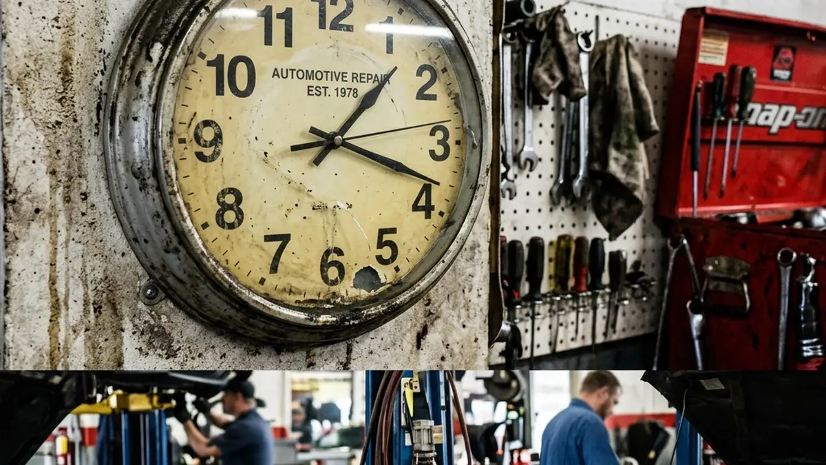 Wall clock in a busy auto shop garage