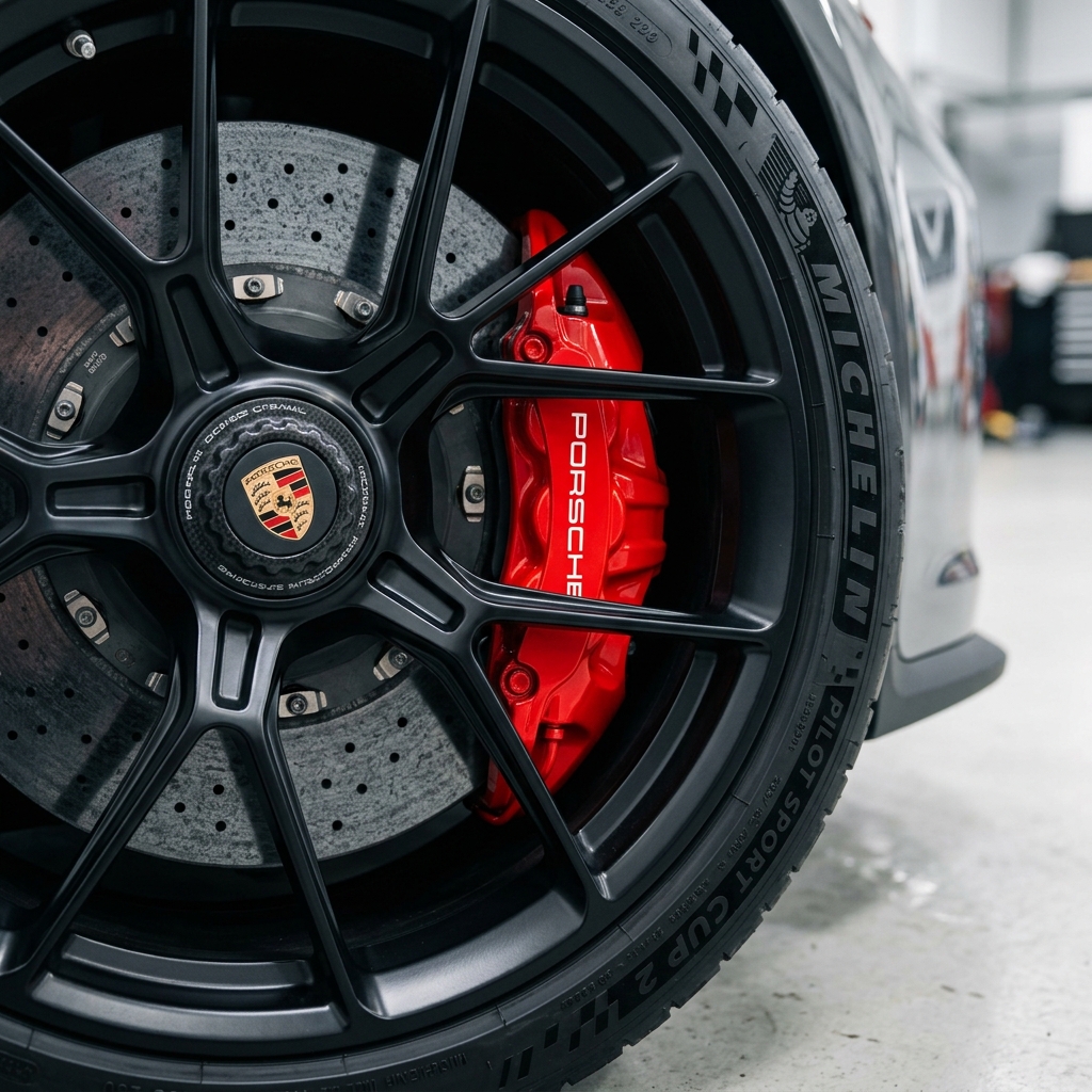 Custom red caliper wrap with premium finish by Riverside Tints