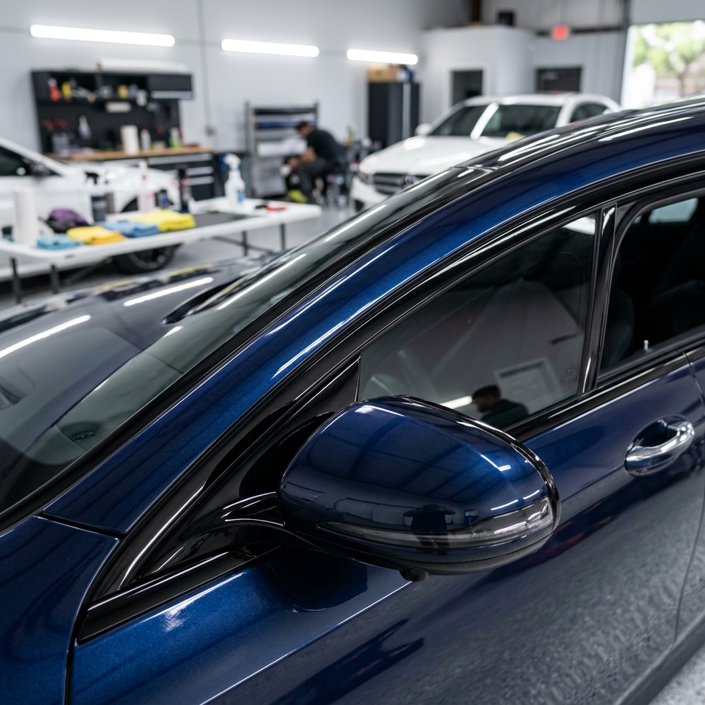 Sleek gloss black chrome delete wrap on window trim by Riverside Tints