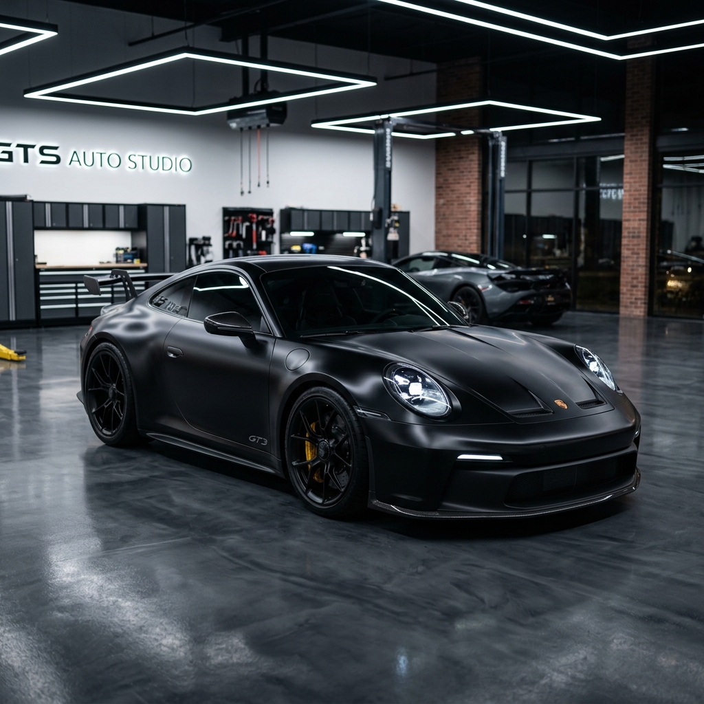 Premium matte vehicle wrap on a sports car by Riverside Tints