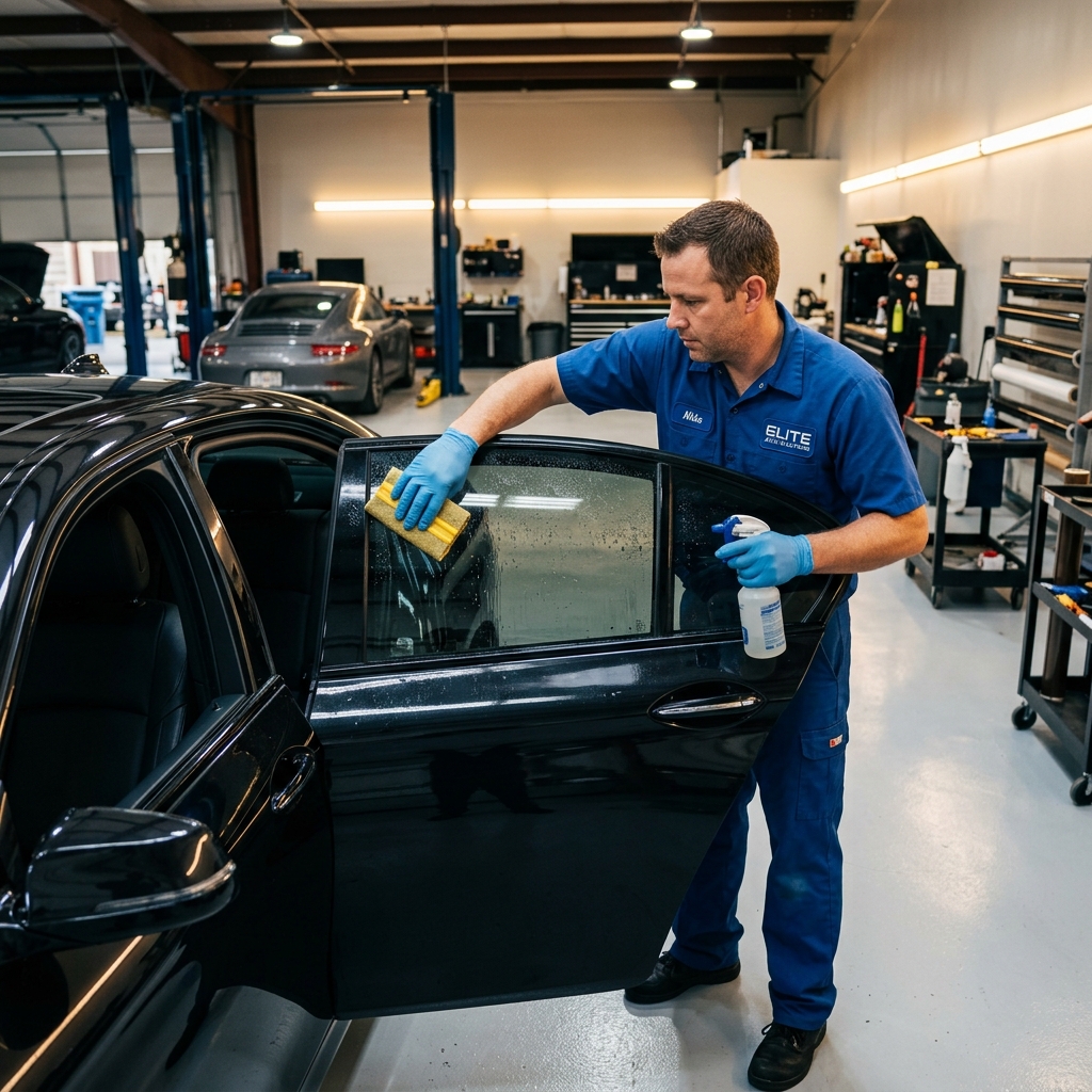 Professional window tint technician applying ceramic film to a car at Riverside Tints